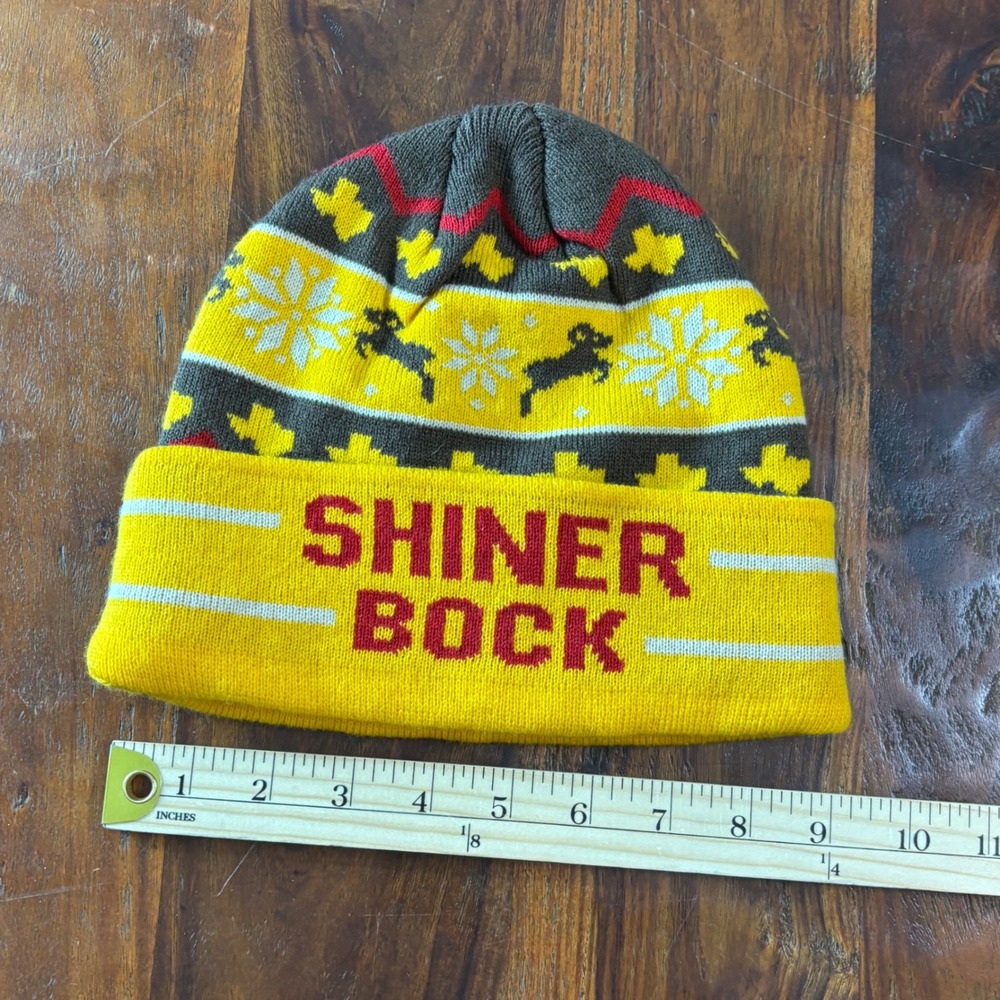 Shiner Bock Texas Beer Rare Fair Isle Knit Beanie Yellow Brown Ram Snowflake Hat - Picture 4 of 5